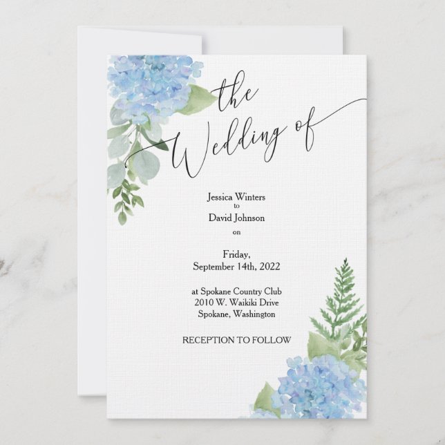 Blue Watercolor Hydrangea Wedding Invitation (Front)