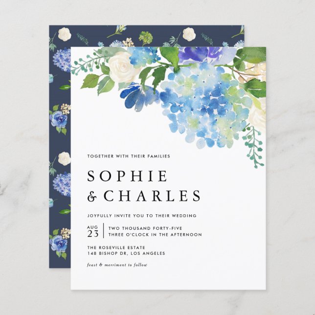 Blue Watercolor Hydrangea Wedding Invitation (Front/Back)