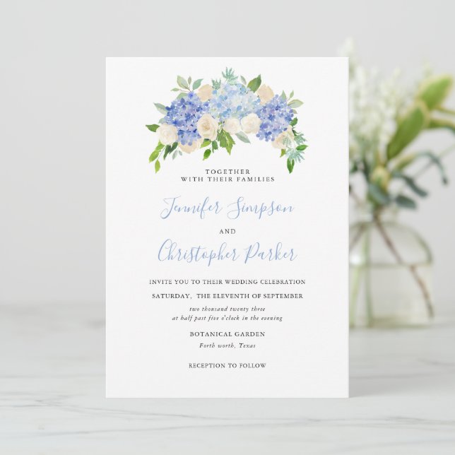 Blue Watercolor Hydrangea Wedding Invitation Cards (Standing Front)
