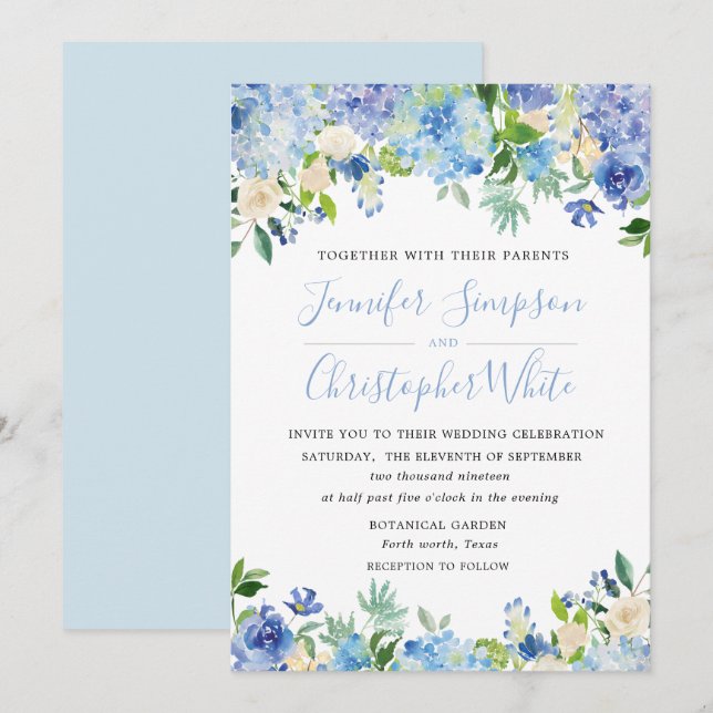 Blue Watercolor Hydrangea Wedding Invitation Cards (Front/Back)