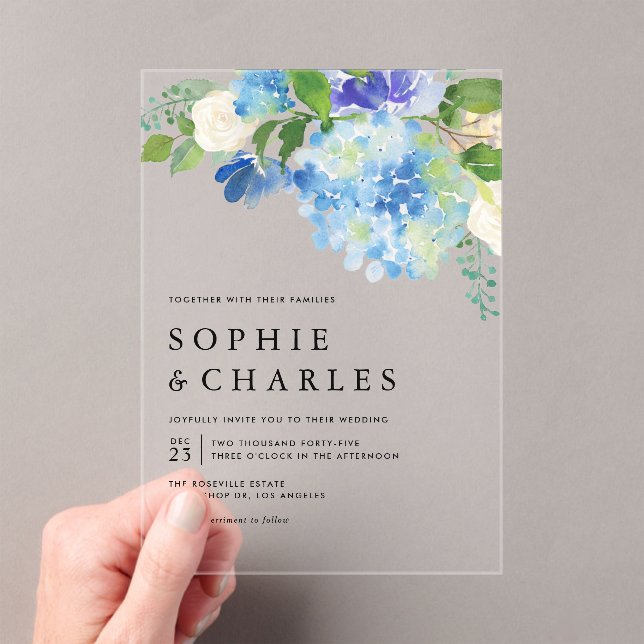 Blue Watercolor Hydrangea Winter Floral Wedding Acrylic Invitations (Insitu (Handheld))