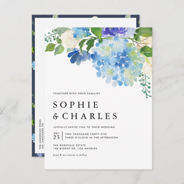 Blue Watercolor Hydrangea Winter Floral Wedding Invitation Postcard (Front/Back)