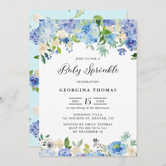 Blue Watercolor Hydrangeas and Roses Baby Sprinkle Invitation (Front/Back)