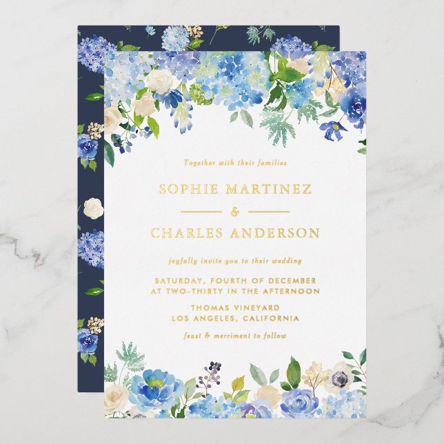 Blue Watercolor Hydrangeas Botanical Wedding (Front/Back)