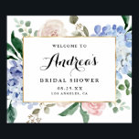 Blue Watercolor Hydrangeas Gold Foil Bridal Shower Poster<br><div class="desc">Welcome guests with this elegant customisable bridal shower welcome sign. It features watercolor blue hydrangeas,  pastel peonies,  eucalyptus leaves,  greenery and a faux gold foil frame. Personalise this botanical welcome sign by adding your event details. This floral bridal shower sign is perfect for spring and winter bridal showers.</div>