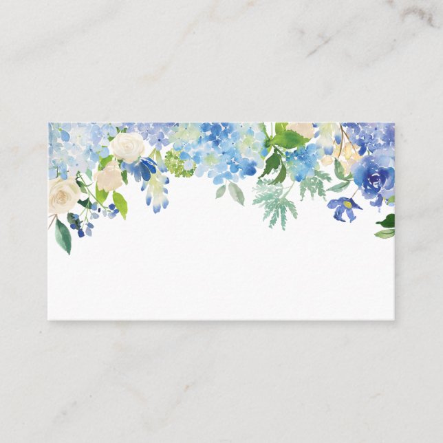 Blue Watercolor Hydrangeas & Roses Floral Garland Place Card (Front)