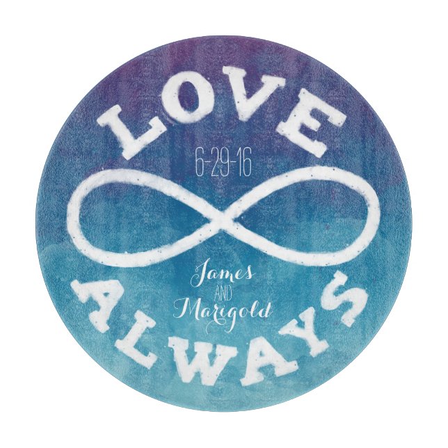 Blue Watercolor Infinity Love Wedding Date, Names Cutting Board (Front)