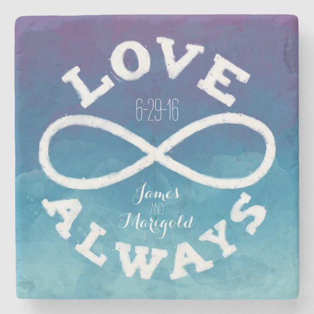 Blue Watercolor Infinity Love Wedding Date, Names Stone Coaster (Front)