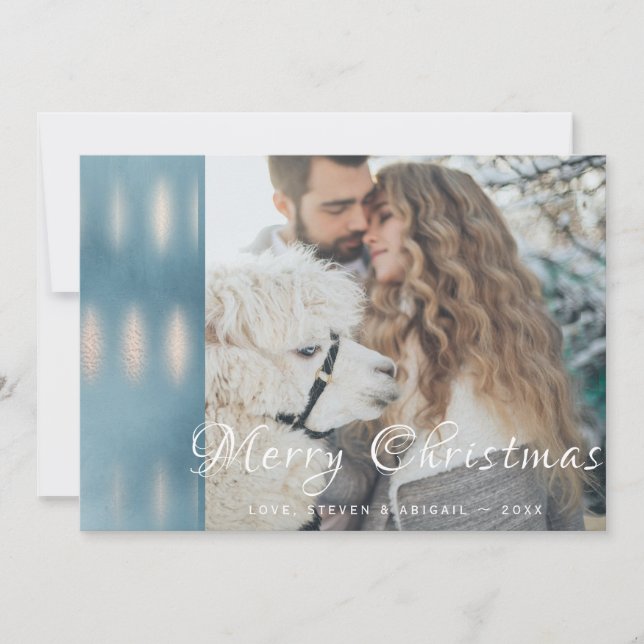 Blue Watercolor Iridescent Photo Christmas Card (Front)