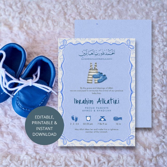 Blue Watercolor islamic Baby Boy Birth Announcement (Creator Uploaded)