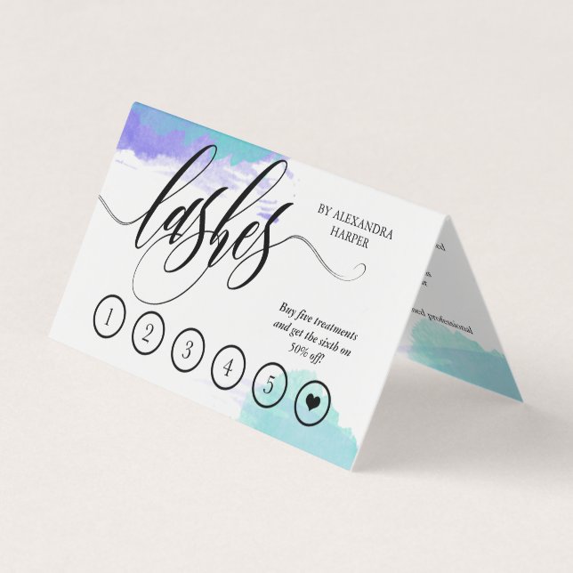 Blue Watercolor Lash Artist Aftercare Loyalty Business Card (Front)