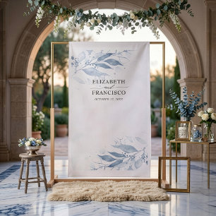 Blue Watercolor Leaf Wedding Photo Booth Backdrop