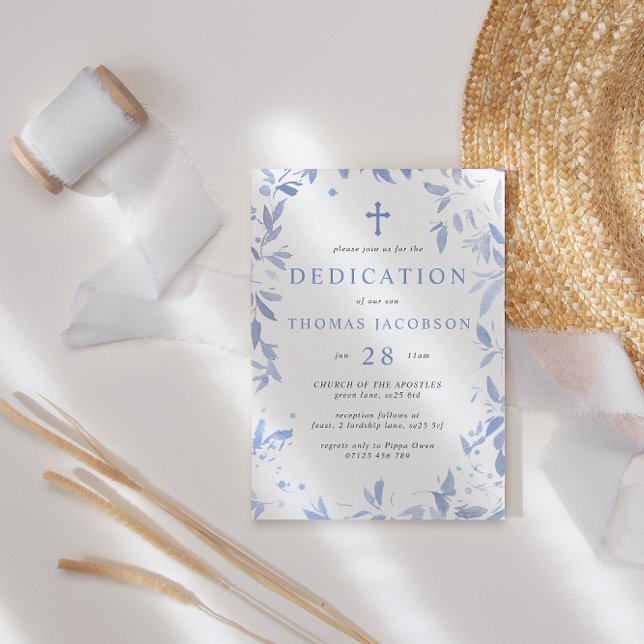 Blue Watercolor Leaves Baby Dedication & Baptism Invitation (Creator Uploaded)
