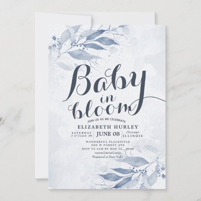Blue Watercolor Leaves Baby Shower Baby in Bloom Invitation (Front)