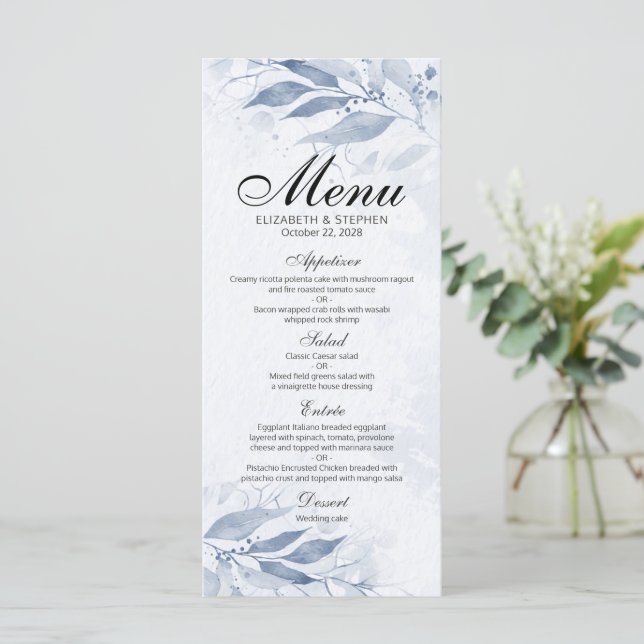 Blue Watercolor Leaves Botanical Chic Wedding Menu (Standing Front)