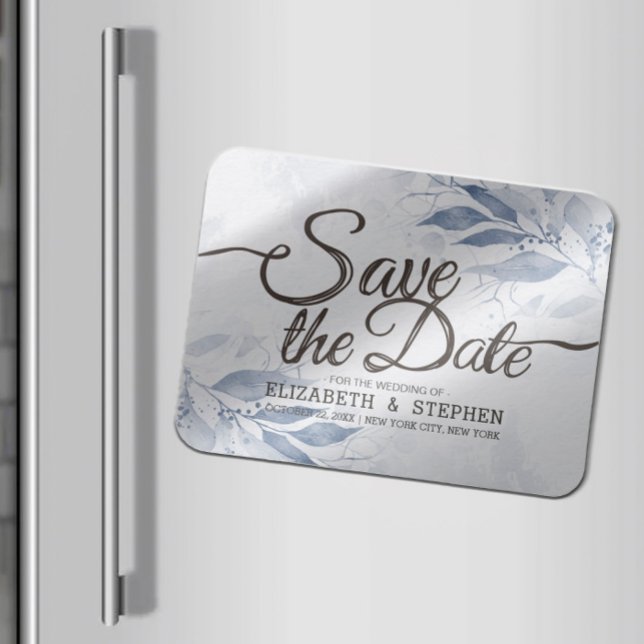 Blue Watercolor Leaves Chic Wedding Save The Date Magnet (Creator Uploaded)