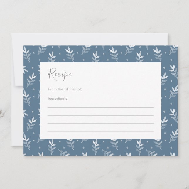 Blue Watercolor Leaves & Dots Pattern Recipe Card (Front)