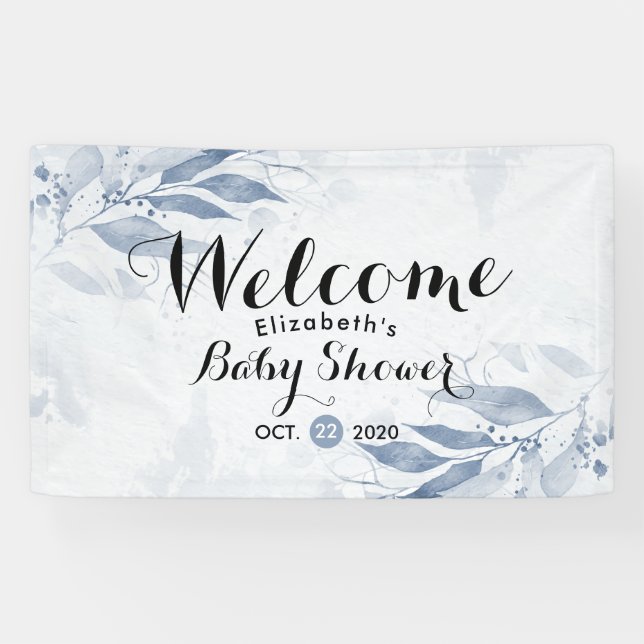 Blue Watercolor Leaves Floral Baby Shower Welcome Banner (Horizontal)