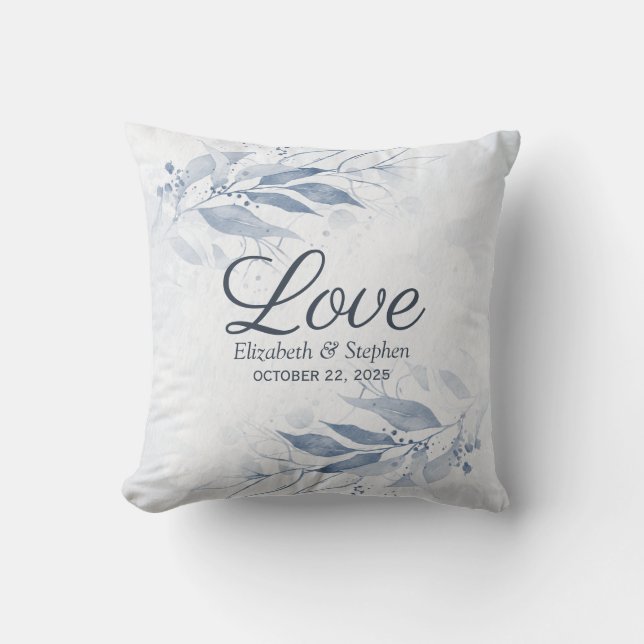 Blue Watercolor Leaves Flowers Botanical Wedding Cushion (Front)