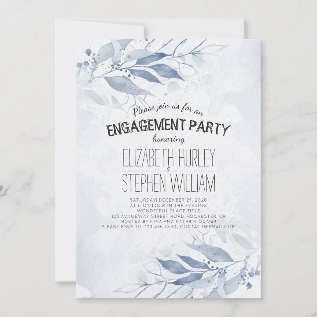 Blue Watercolor Leaves Flowers  Engagement Party Invitation (Front)