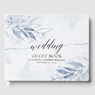 Blue Watercolor Leaves Flowers Wedding Guestbook