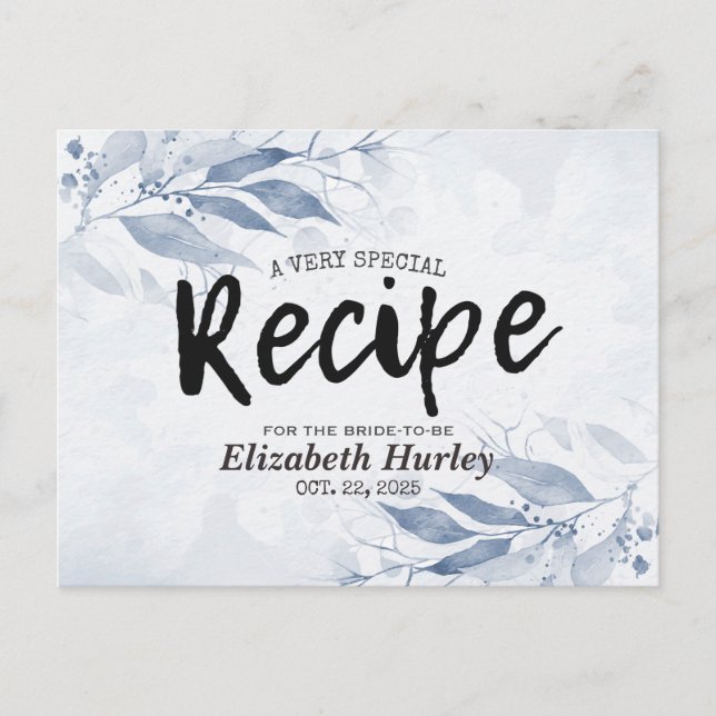 Blue Watercolor Leaves Modern Bridal Shower Recipe Invitation Postcard (Front)