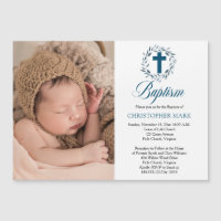 Blue Watercolor Leaves Wreath Boy Photo Baptism Ma