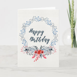 Blue Watercolor Leaves Wreath Happy Birthday Card