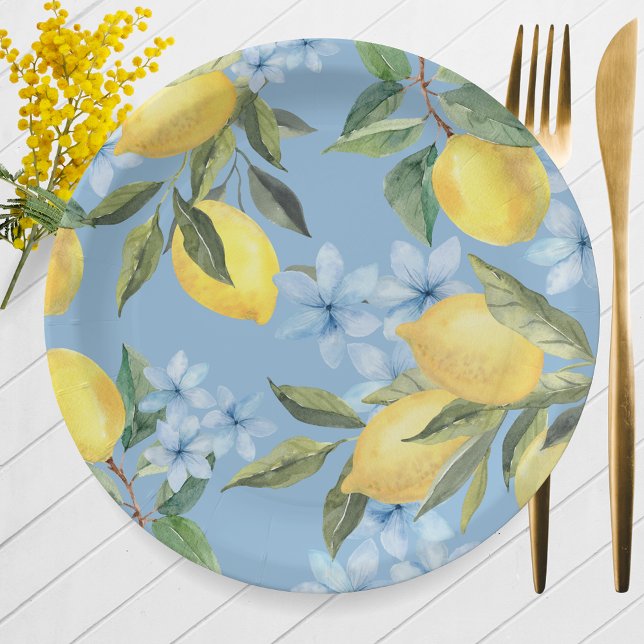Blue Watercolor Lemon and Flower Paper Plate (Watercolor Lemon & Blue Flower Paper Plates for Main Squeeze Bridal Shower or Little Lemon Baby)