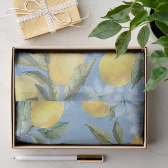Blue Watercolor Lemon and Flower Tissue Paper (Watercolor Lemon and Flower Floral Tissue Paper in Blue)
