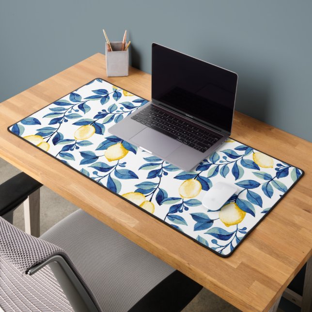 Blue Watercolor Lemon Desk Mat (Office 2)