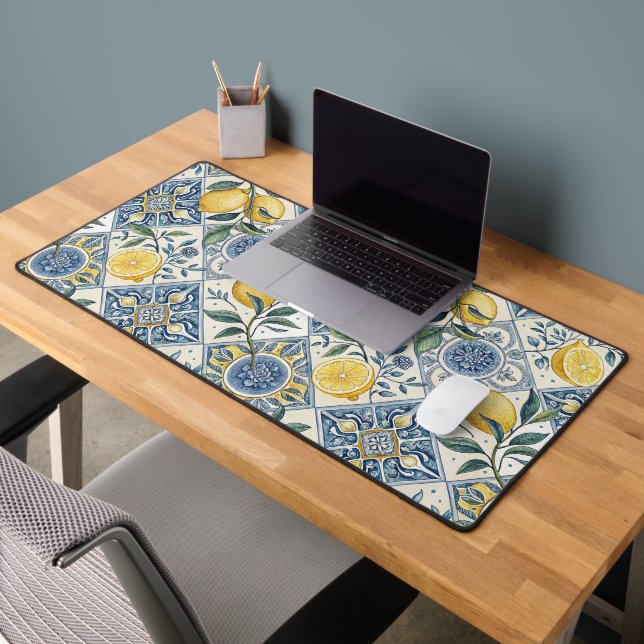 Blue Watercolor Lemon Desk Mat (Office 2)