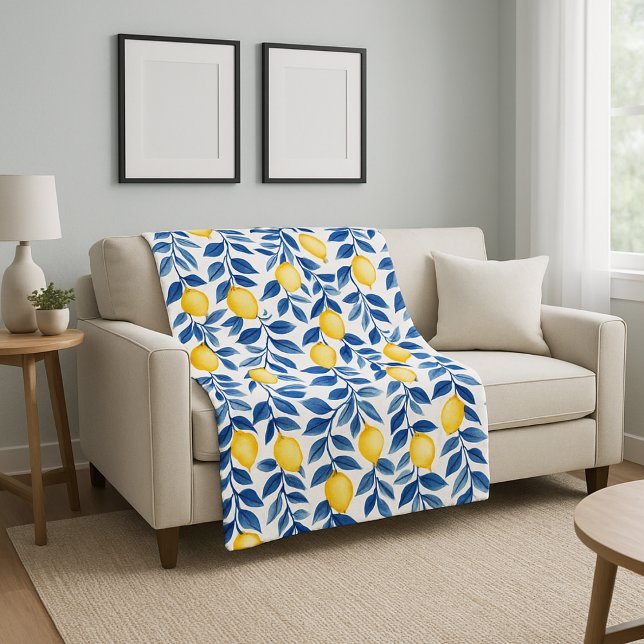Blue Watercolor Lemon Fleece Blanket (Creator Uploaded)
