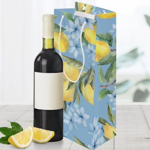 Blue Watercolor Lemon & Flower Wine Gift Bag