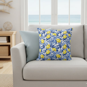 Blue Watercolor Lemon Pattern  Cushion