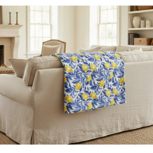 Blue Watercolor Lemon Pattern Fleece Blanket