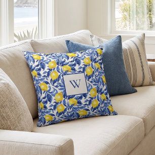 Blue Watercolor Lemon Pattern Monogram Cushion