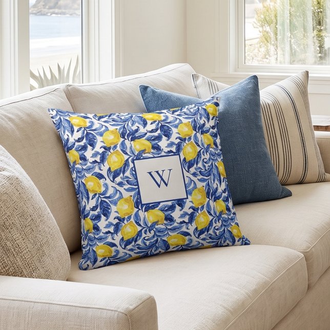 Blue Watercolor Lemon Pattern Monogram Cushion (Creator Uploaded)