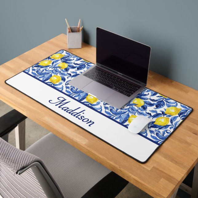 Blue Watercolor Lemon Pattern Monogram Name Desk Mat (Office 2)