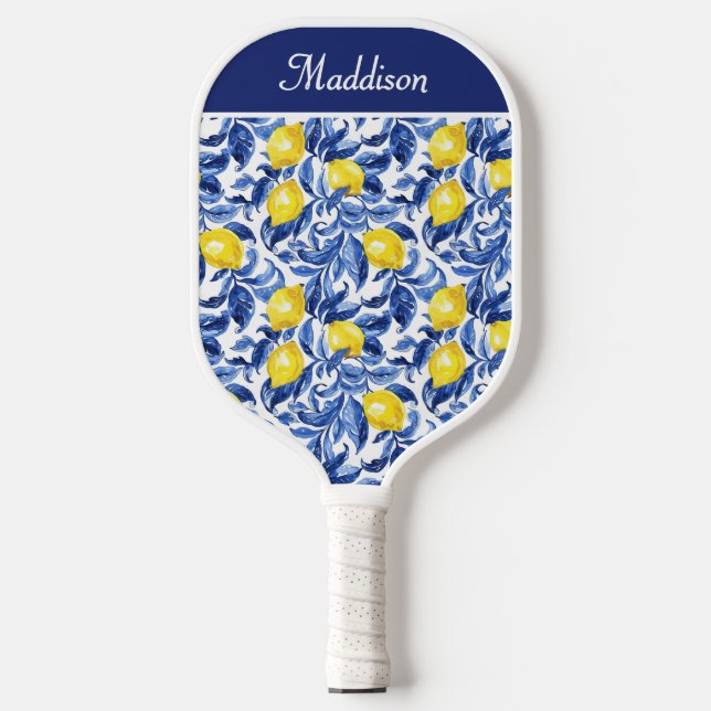 Blue Watercolor Lemon Pattern Monogram Name Pickleball Paddle (Front)