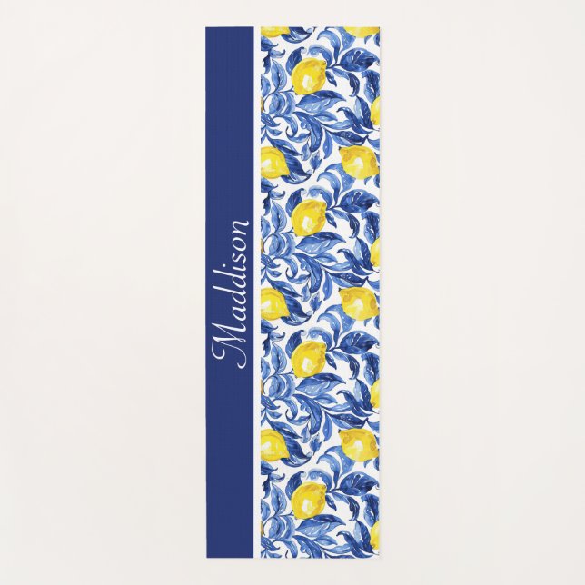 Blue Watercolor Lemon Pattern Monogram Name Yoga Mat (Front)