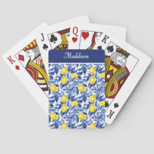 Blue Watercolor Lemon Pattern Monogram Playing Cards