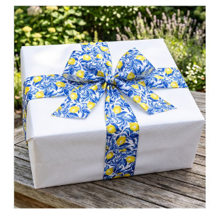 Blue Watercolor Lemon Pattern Ribbon Satin Ribbon