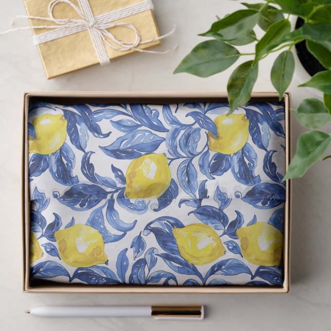 Blue Watercolor Lemon Pattern  Tissue Paper (Gift)
