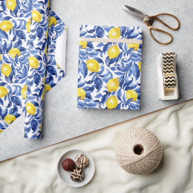 Blue Watercolor Lemon Pattern  Wrapping Paper (Crafts)