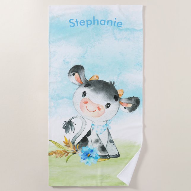 Blue Watercolor Little Cow Beach Towel (Front)
