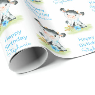 Blue Watercolor Little Cow Wrapping Paper
