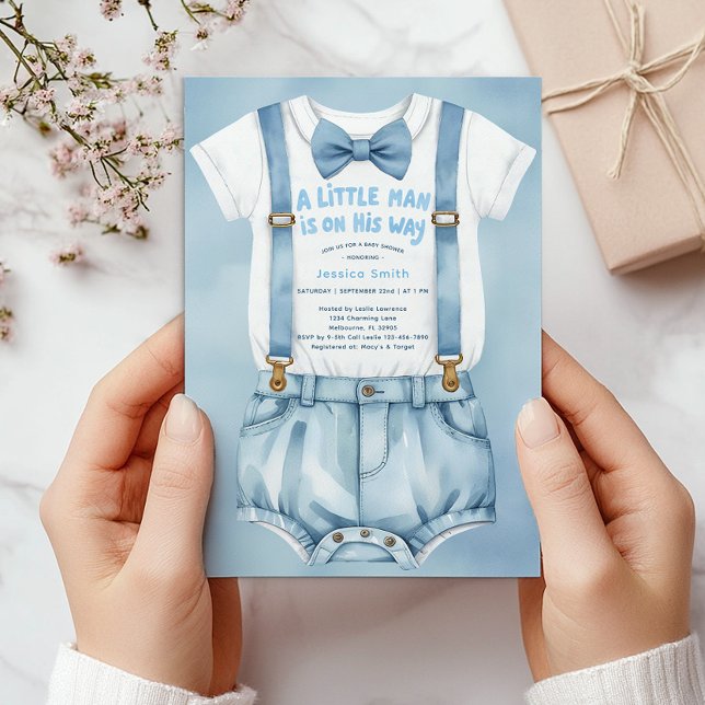 Blue Watercolor Little Man Baby Shower Invitation (Little Man Baby Shower Invite)