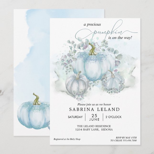 Blue Watercolor Little Pumpkin Boy Baby Shower Invitation (Front/Back)
