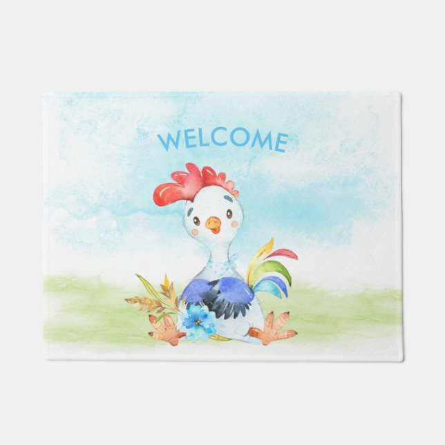 Blue Watercolor Little Rooster Doormat (Front)